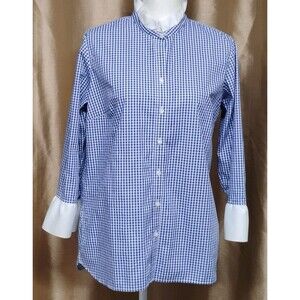 pearly vine Blue/Wh Feminine Cottagecore Gingham Ribbon Collared Button Blouse M